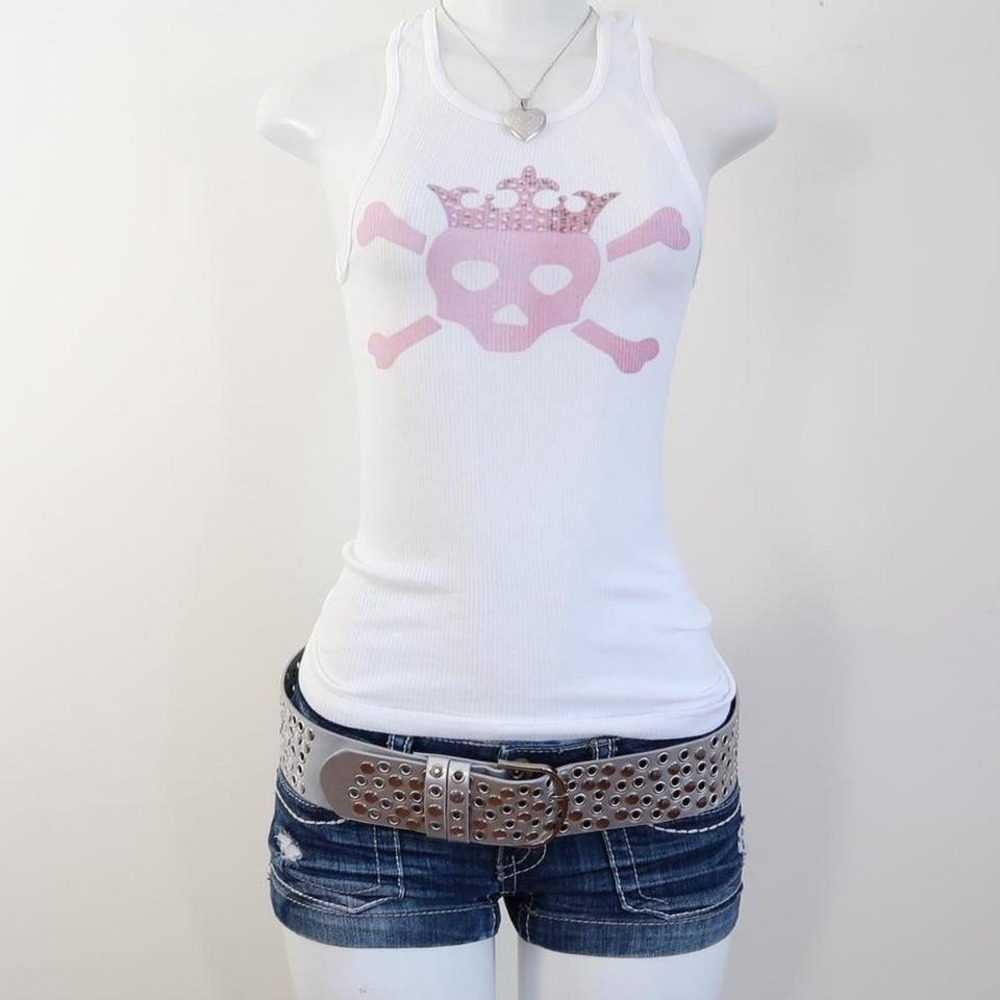 y2k pink skull crown graphic tank white ribbed baby tee mcbling size‎ S